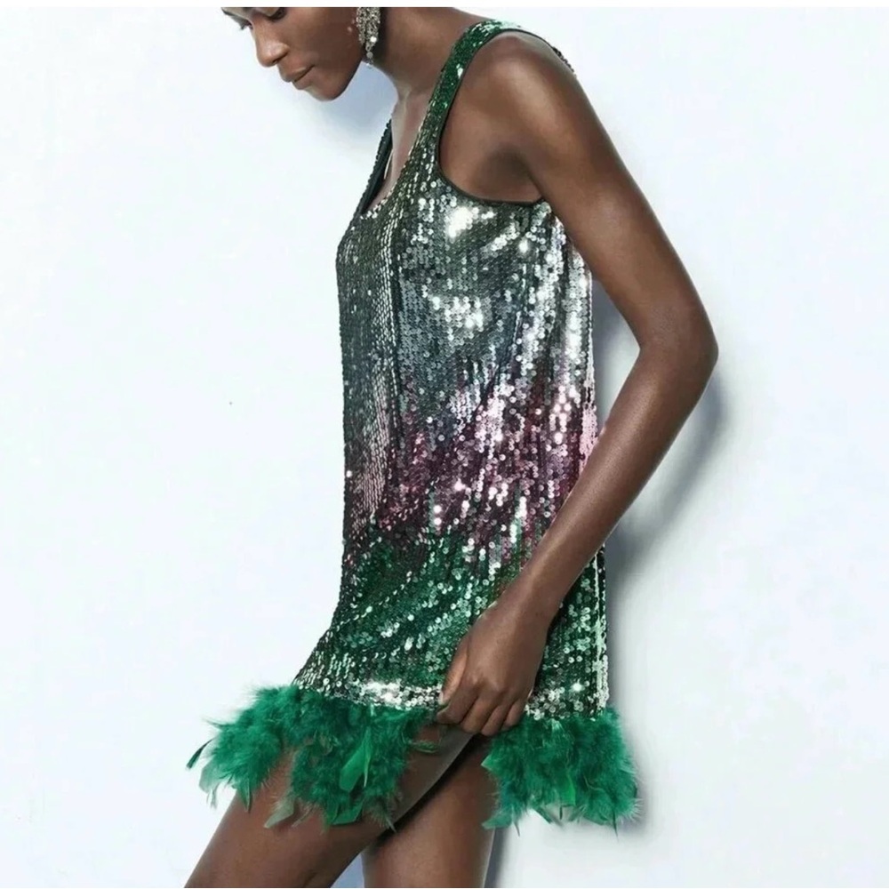 Green Party Women's Sleeveless Gradient Sequin Embellished Feather Mini Dress